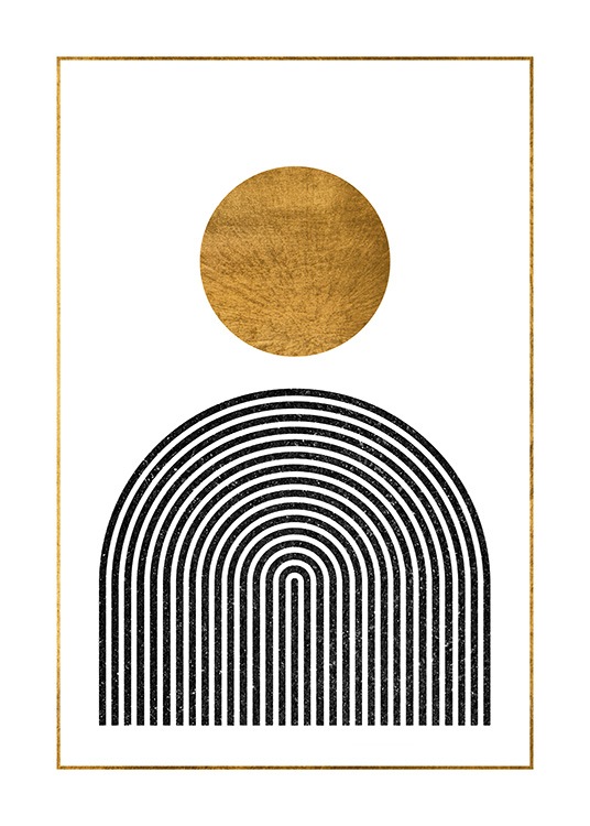  – Illustrazione grafica di un cerchio color oro sopra un arco nero su sfondo bianco