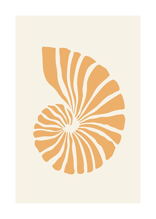  – Illustrazione grafica di una conchiglia arancione su sfondo beige chiaro