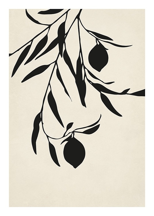  – Illustrazione grafica di foglie, limoni e un ramoscello neri su sfondo beige
