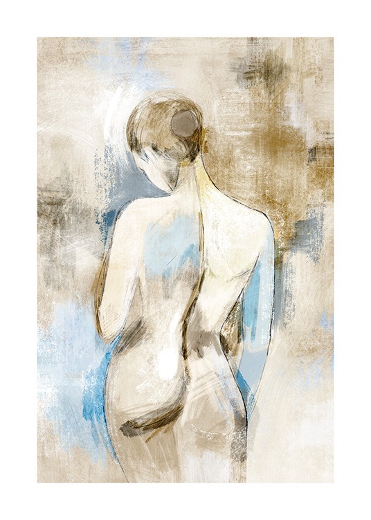 – Dipinto che ritrae un nudo di donna di spalle su sfondo blu e beige