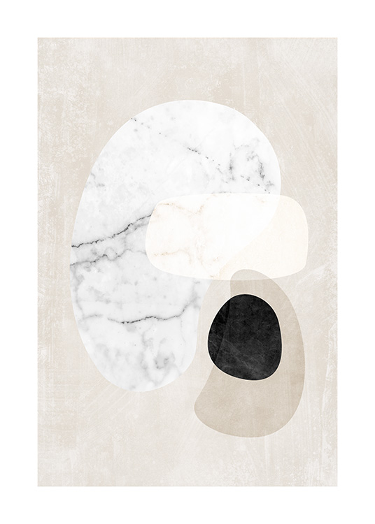  – Illustrazione grafica di forme astratte con motivo effetto marmo bianche, nere e beige su sfondo beige