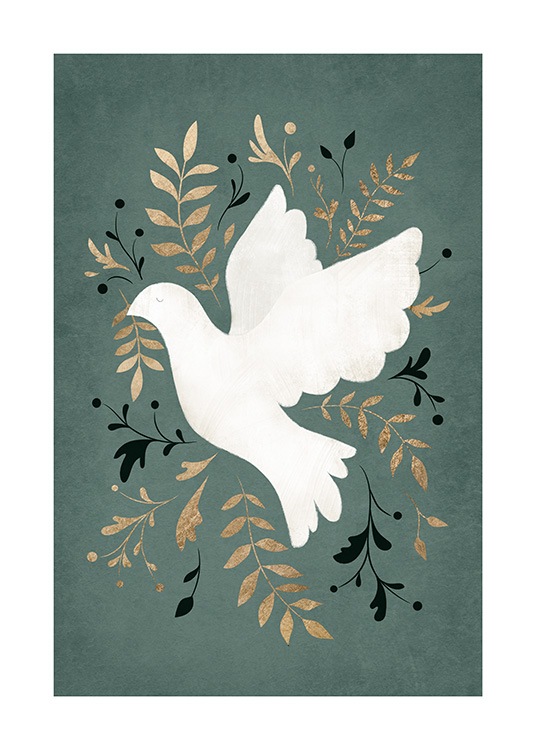 – Illustrazione di una colomba bianca della pace e foglie color oro e nere su sfondo verde