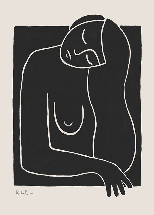  – Illustrazione grafica in stile line art di un busto di donna nudo disegnato in bianco e nero su sfondo beige