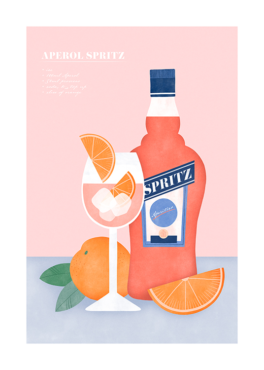 – Illustrazione grafica di una bottiglia di Aperol Spritz e arance su sfondo blu e rosa con una ricetta in alto