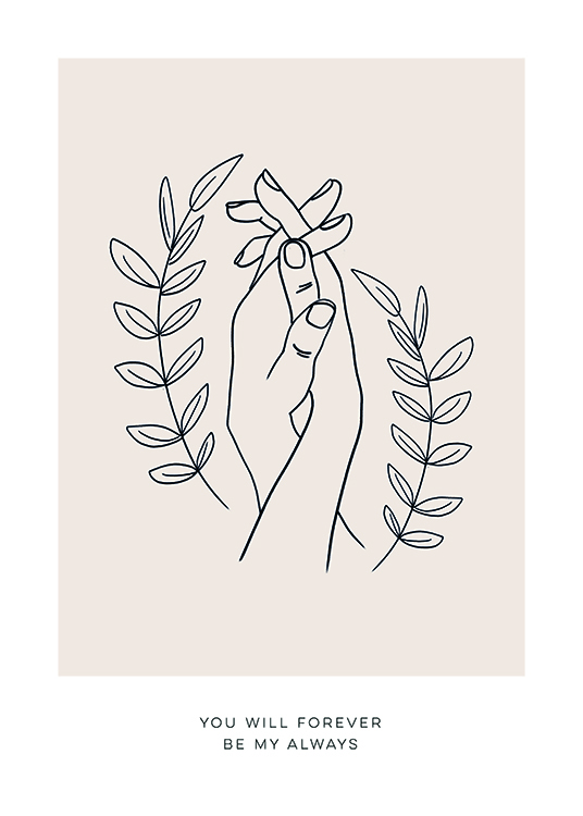  – Illustrazione di due mani intrecciate tra rami con foglie e un testo al fondo
