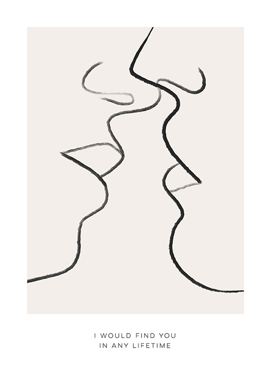  – Illustrazione in stile line art di due volti sul punto di baciarsi, ritratti in nero su sfondo beige con un testo al fondo