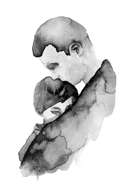  – Dipinto ad acquarello che ritrae una coppia abbracciata in grigio su sfondo bianco