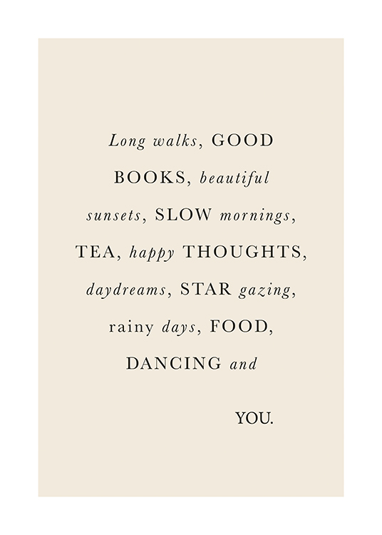  – Poster testo con un elenco di cose piacevoli scritto in nero su sfondo beige
