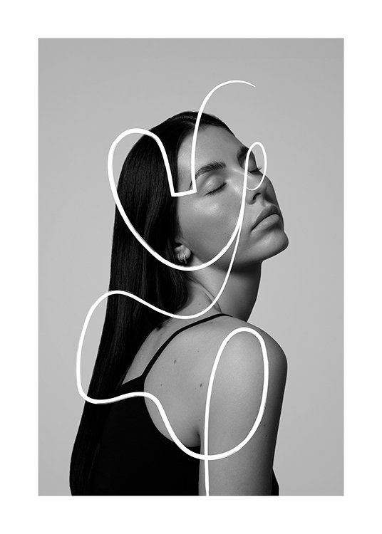  – Fotografia in bianco e nero di una donna con gli occhi chiusi vista di profilo e una linea bianca astratta sovrapposta