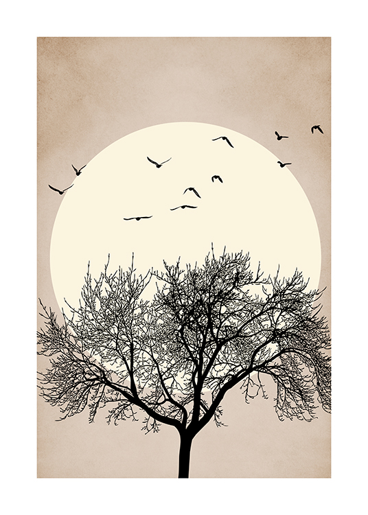  – Illustrazione grafica di un grande albero nero con uccelli che volano sopra l’albero e un sole giallo sullo sfondo