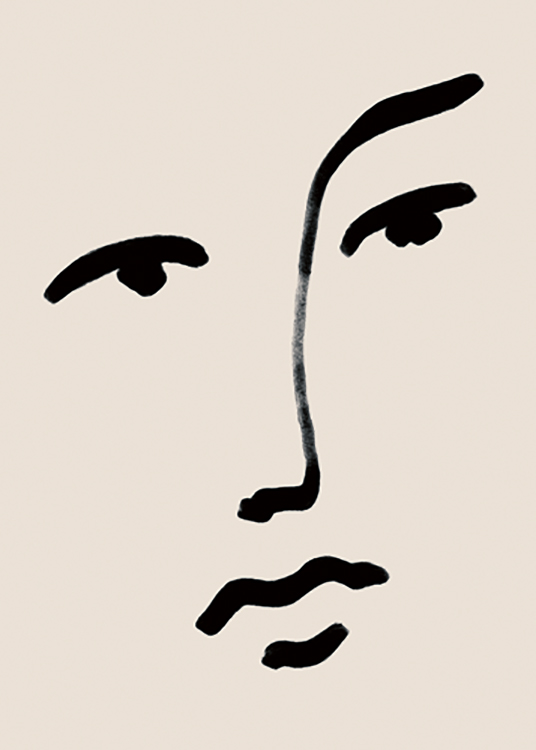  – Illustrazione di occhi, un naso e labbra in stile line art in nero su sfondo beige