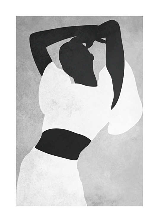  – Illustrazione grafica di una donna vestita di bianco con le braccia piegate sopra la testa, su sfondo grigio
