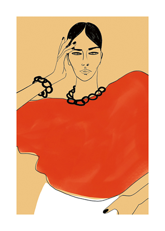  – Illustrazione grafica di una donna con una mano sulla fronte, che indossa una camicetta rossa e gioielli neri