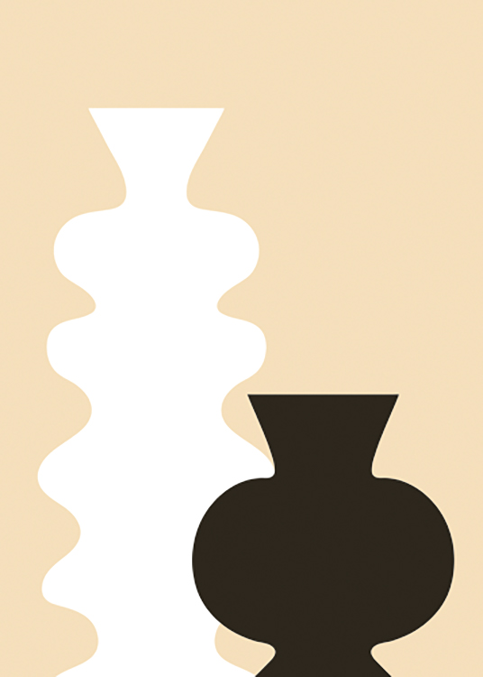  – Illustrazione grafica di due vasi di forma curvilinea, uno bianco e uno nero, su sfondo giallo