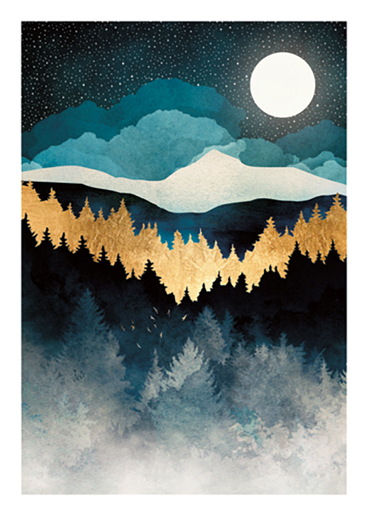  – Illustrazione grafica di una foresta di alberi color oro e blu con la luna e le stelle sullo sfondo