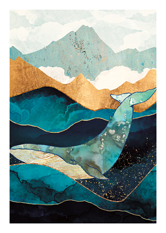  – Illustrazione grafica di una balena color oro e blu in mezzo a onde dell’oceano color oro e blu