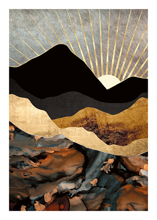  – Illustrazione grafica di montagne color oro e nere con un tramonto dorato sullo sfondo