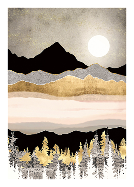  – Illustrazione grafica di un paesaggio invernale color oro, grigio e nero e una luna bianca sullo sfondo