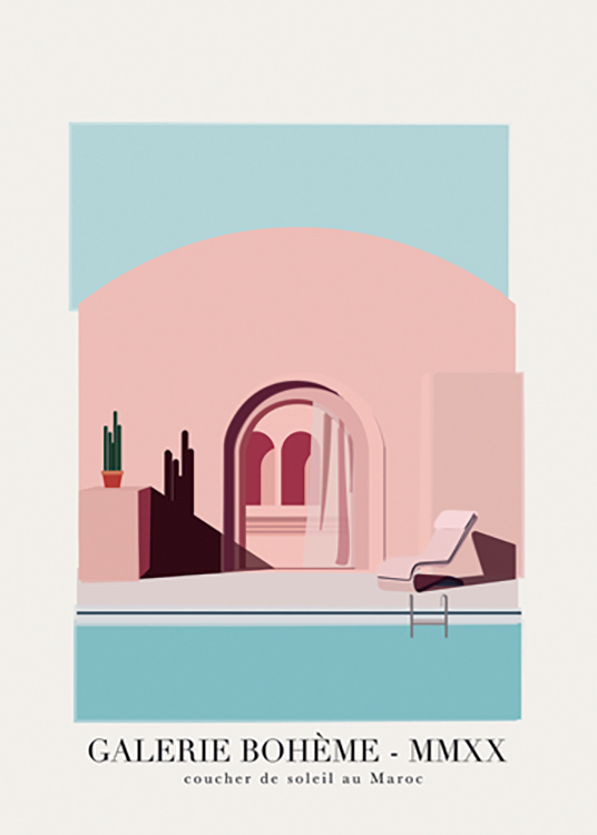 – Illustrazione grafica di una piscina davanti a una casa rosa con un testo sotto