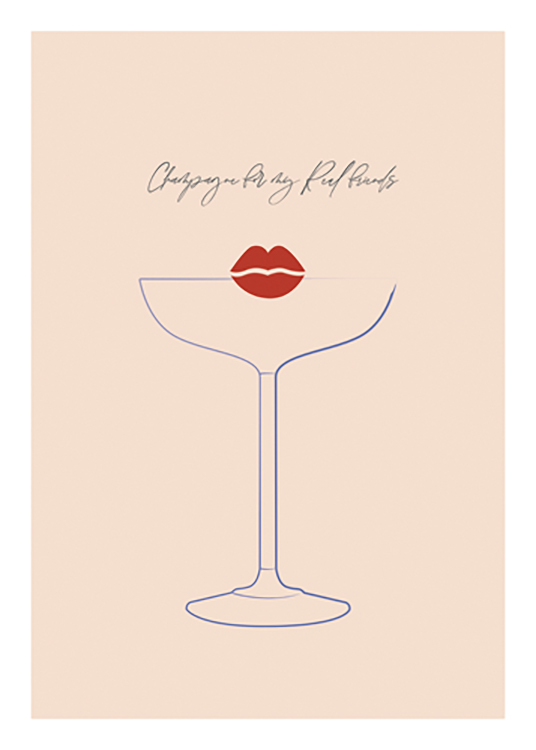  – Illustrazione di labbra rosse e un bicchiere Martini blu su sfondo beige con un testo in alto