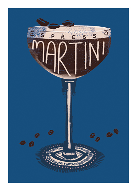  – Illustrazione grafica di un bicchiere con un Espresso Martini su sfondo blu