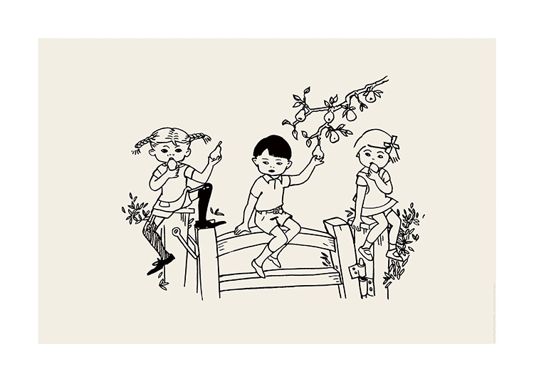  – Illustrazione di Pippi Calzelunghe, Tommy e Annica seduti su una staccionata con foglie