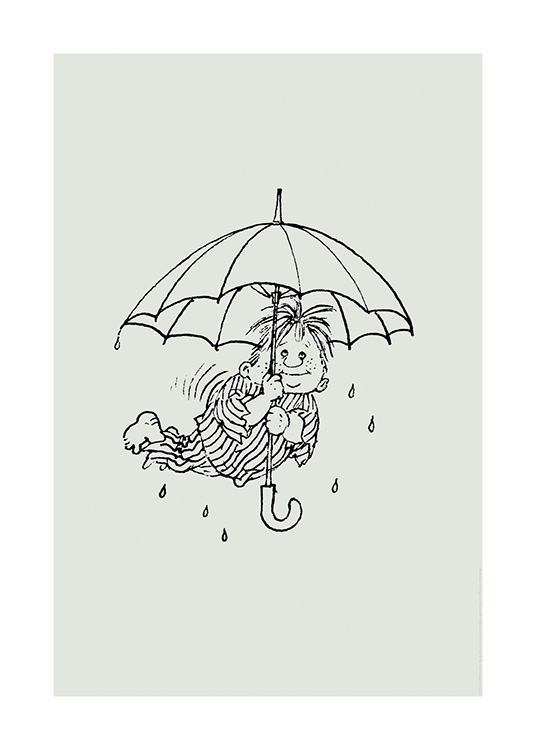  – Illustrazione di Karlsson sul tetto che indossa un pigiama a strisce e vola con un ombrello