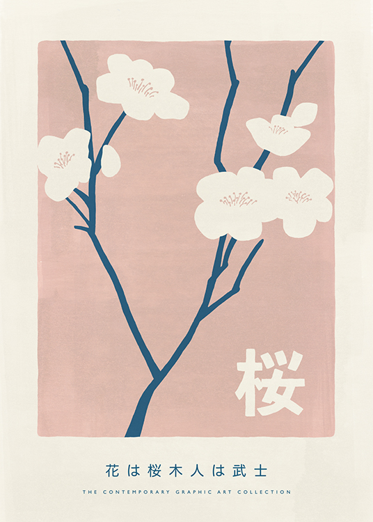  – Illustrazione di fiori beige chiaro con steli blu su sfondo rosa con un testo al fondo