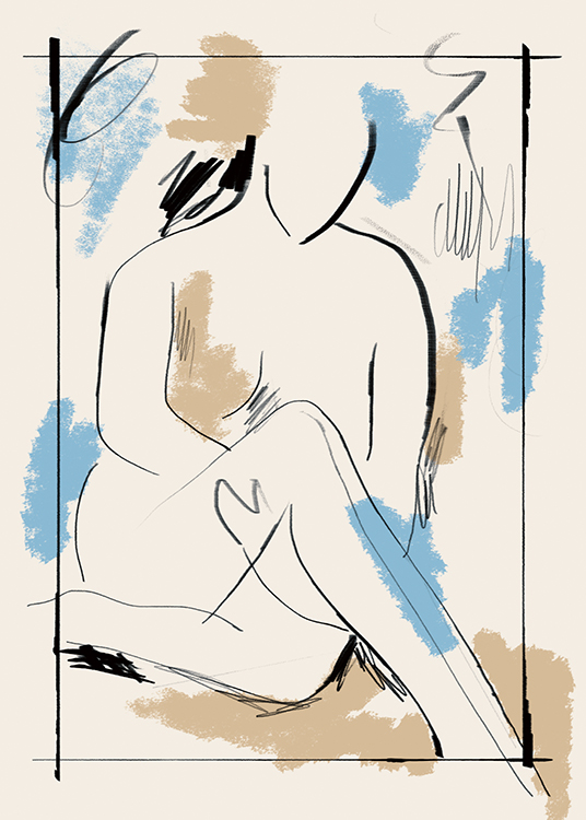  – Dipinto che ritrae un nudo in posizione seduta e pennellate blu, beige e nere su sfondo beige chiaro
