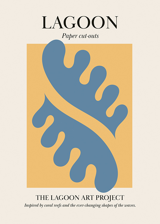  – Illustrazione grafica di forme astratte blu in un riquadro giallo su sfondo beige con un testo