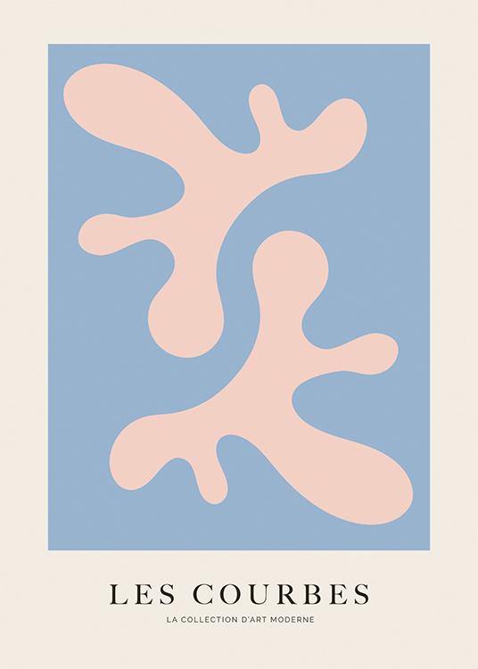  – Illustrazione grafica di forme astratte rosa su sfondo blu e beige chiaro
