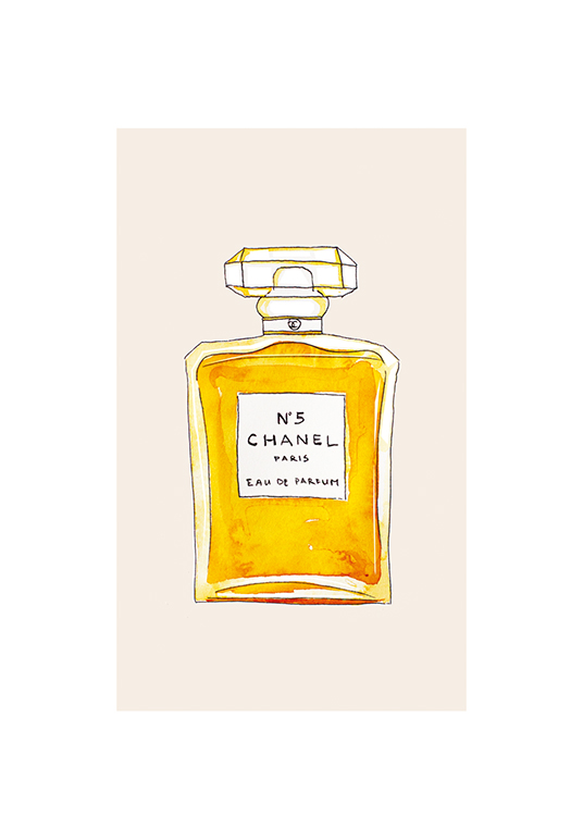  – Illustrazione di una boccetta di profumo Chanel arancione su sfondo beige