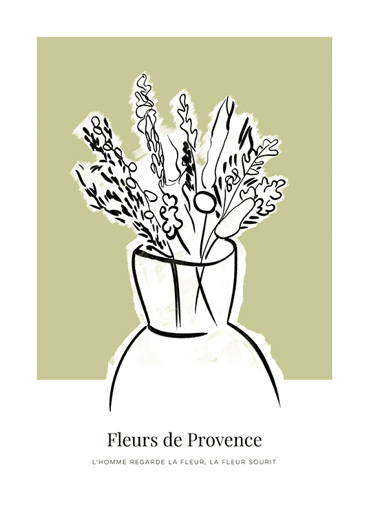 – Illustrazione di fiori bianchi selvatici in un vaso definiti in nero su sfondo verde