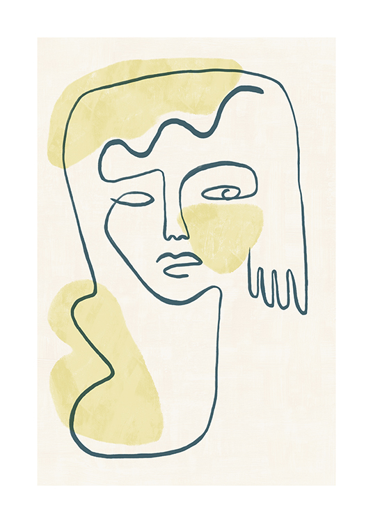  – Illustrazione di un volto e una mano in stile line art e forme gialle, su sfondo beige chiaro