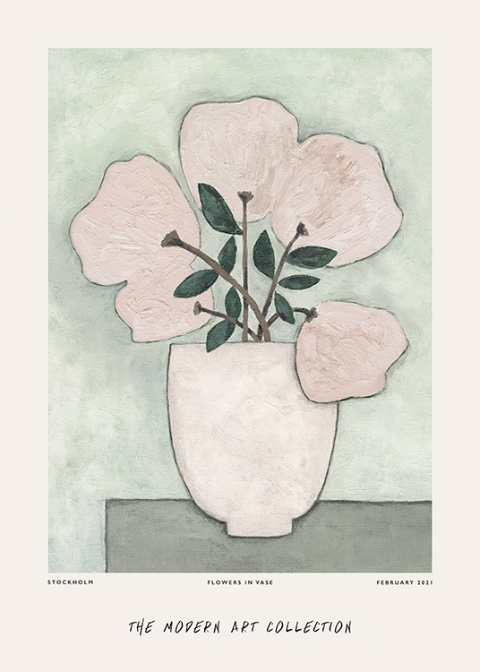  – Dipinto che ritrae un vaso con fiori rosa pallido su sfondo verde con un testo scritto al fondo