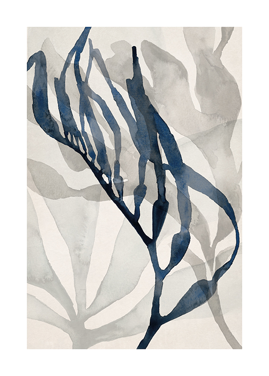  – Illustrazione di un’alga astratta grigia e blu dipinta ad acquarello su sfondo beige chiaro