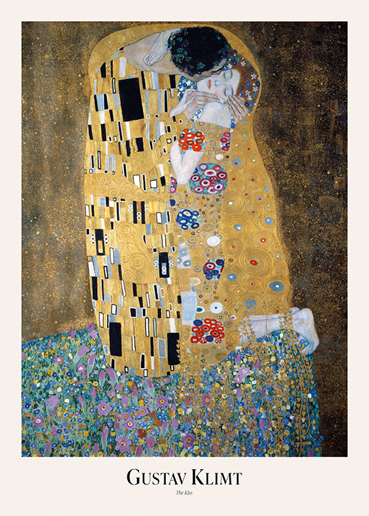  – Dipinto che ritrae un uomo che bacia una donna sulla guancia su sfondo dorato e marrone con dettagli floreali