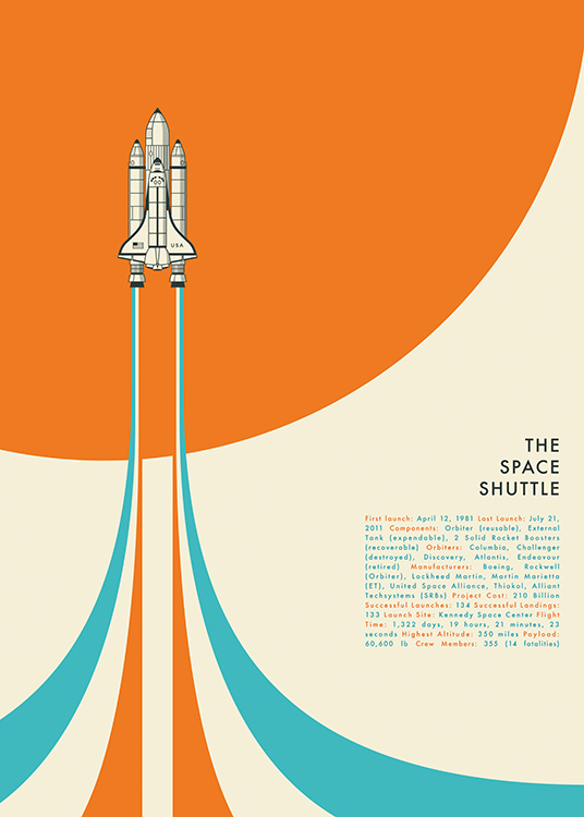  – Illustrazione grafica di una navetta spaziale su sfondo arancione, blu e beige