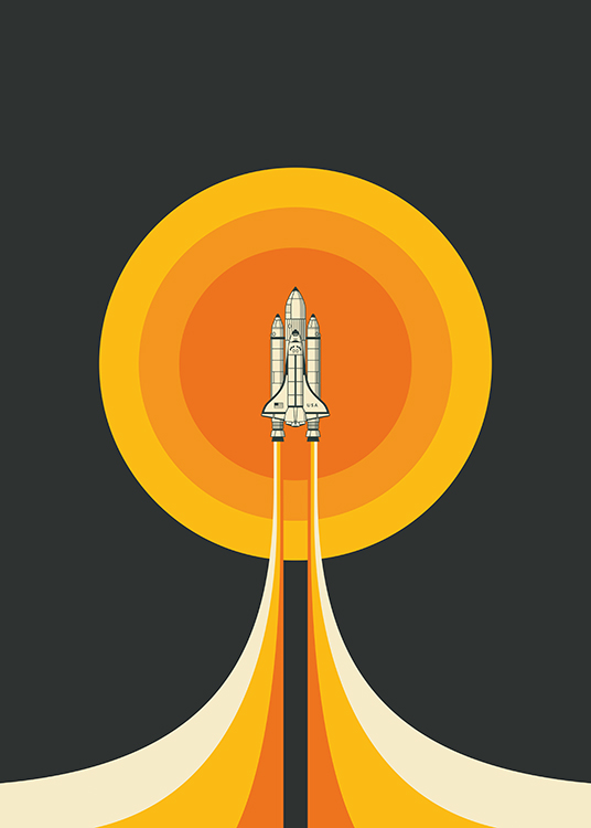  – Illustrazione grafica di un cerchio giallo e arancione dietro una navetta spaziale