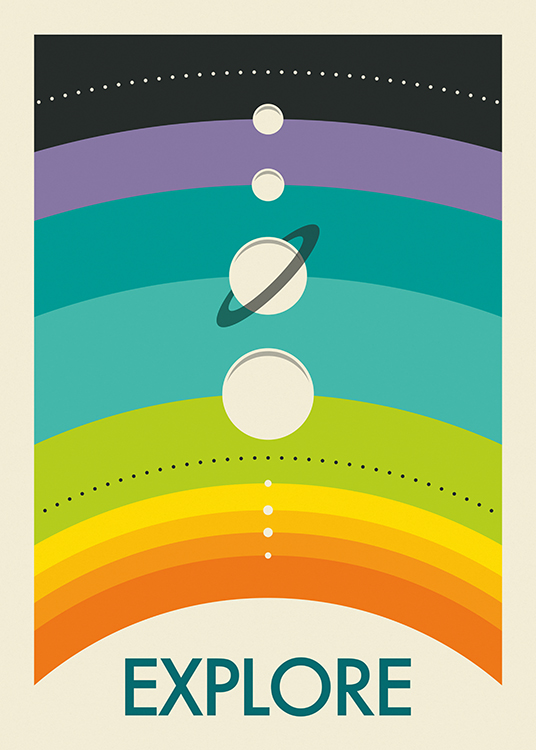  – Illustrazione grafica di un arcobaleno che fa da sfondo ad alcuni pianeti e un testo al fondo
