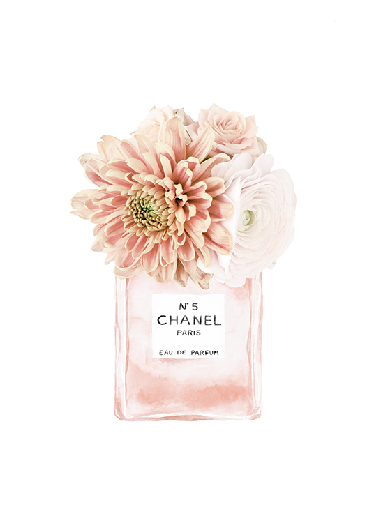  – Illustrazione di una boccetta di profumo Chanel rosa chiaro con fiori rosa chiaro