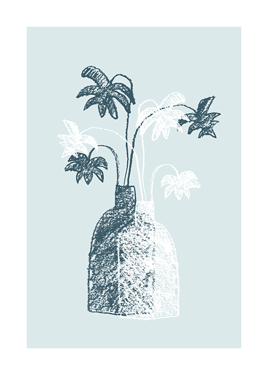  – Illustrazione di due vasi blu e bianchi con foglie di palma