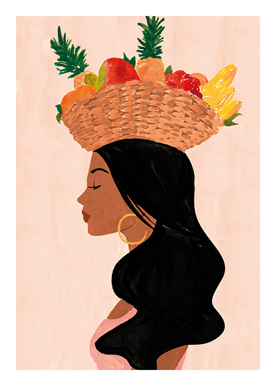  – Illustrazione di una donna con i capelli neri di profilo, che trasporta un cesto di frutta sulla testa