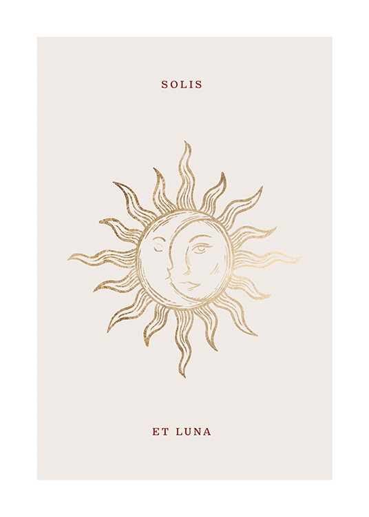  – Illustrazione grafica di un sole e una luna dorati su sfondo beige chiaro