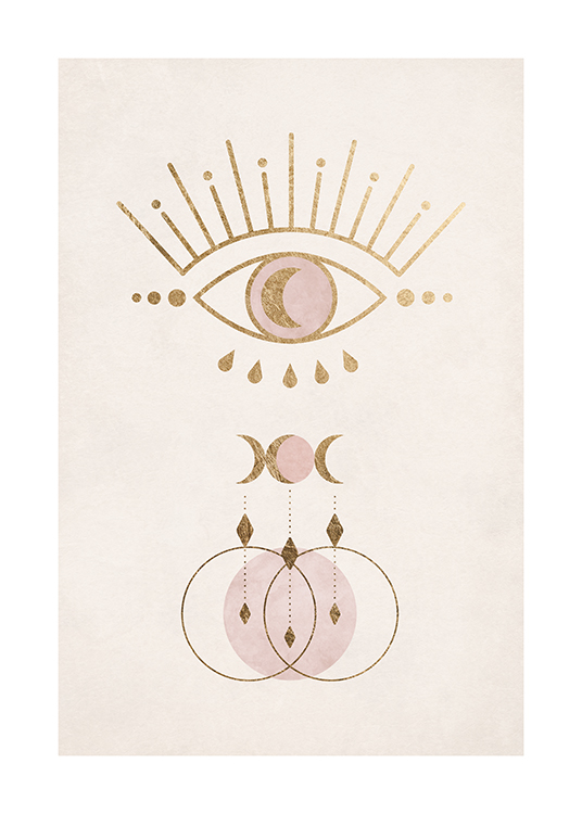  – Illustrazione grafica di un occhio e simboli color oro e rosa su sfondo beige chiaro
