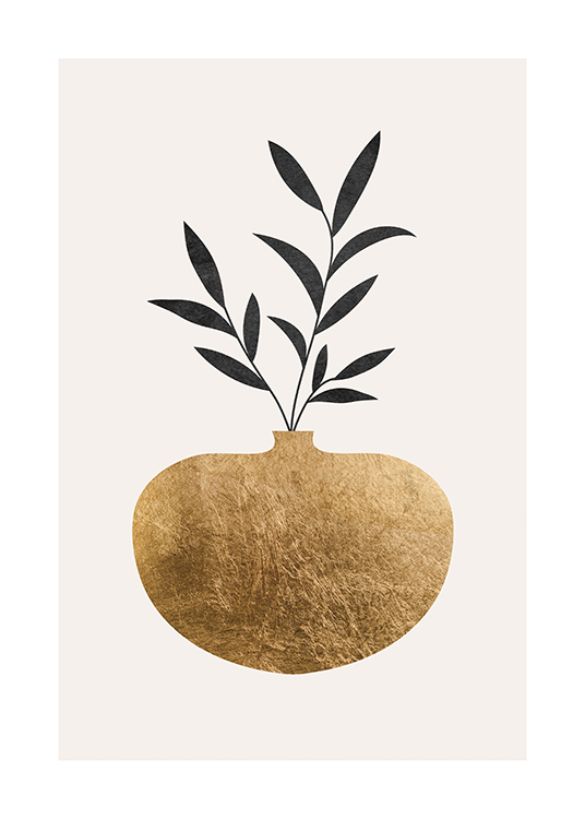  – Illustrazione grafica di un vaso dorato con foglie nere su sfondo chiaro