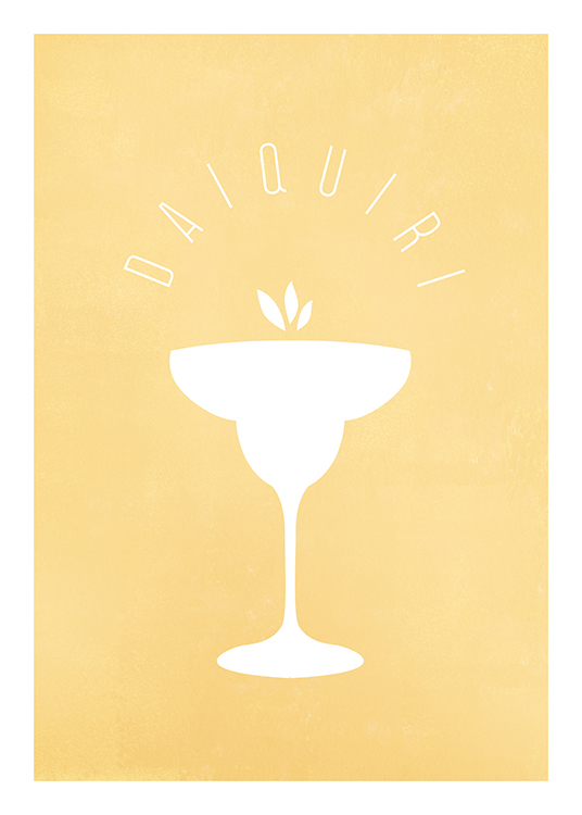  – Illustrazione grafica di un bicchiere da cocktail con un testo scritto in bianco su sfondo giallo