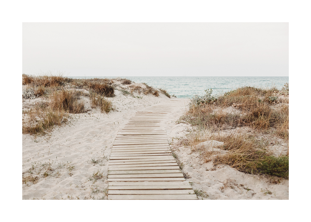  – Fotografia di dune di sabbia con cespugli d’erba che fiancheggiano una passerella di legno e l'oceano sullo sfondo