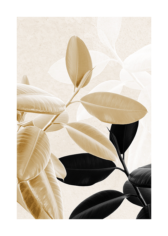  – Fotografia di ficus color oro e nero con forme di foglie chiare in secondo piano