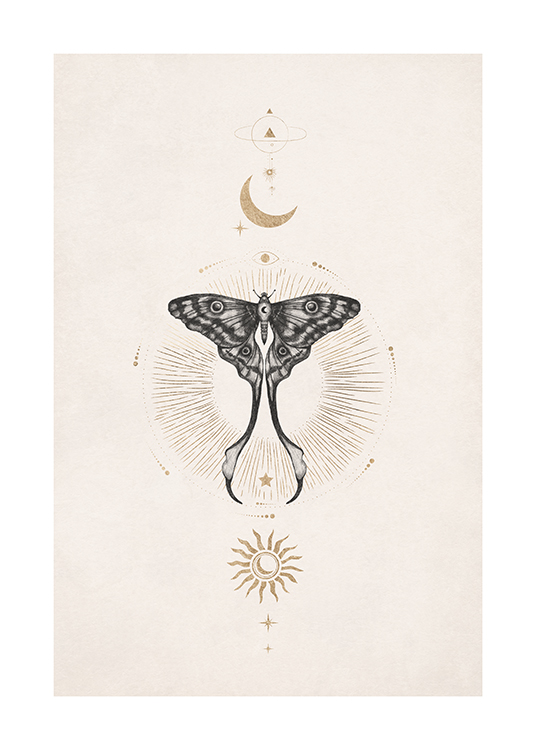 – Poster simmetrico con la luna, il sole e una farfalla